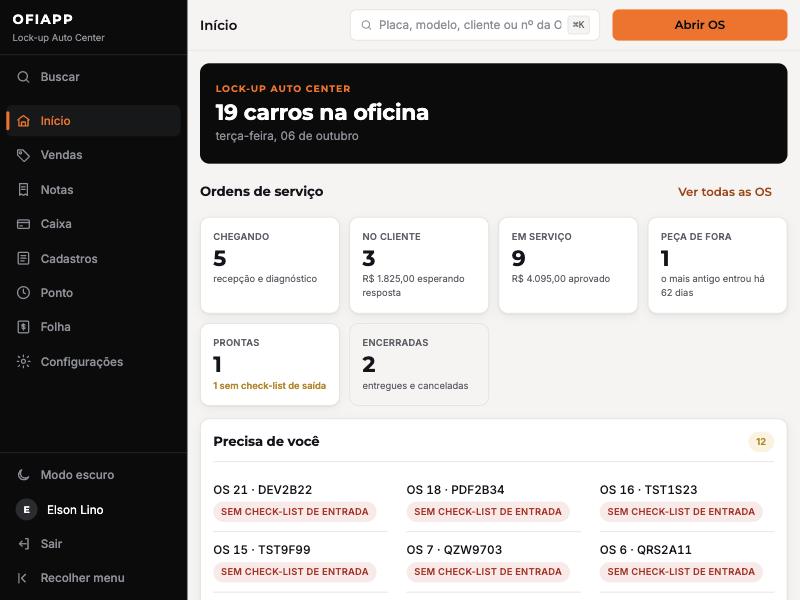 Tela inicial do OfiApp com os carros da oficina por etapa