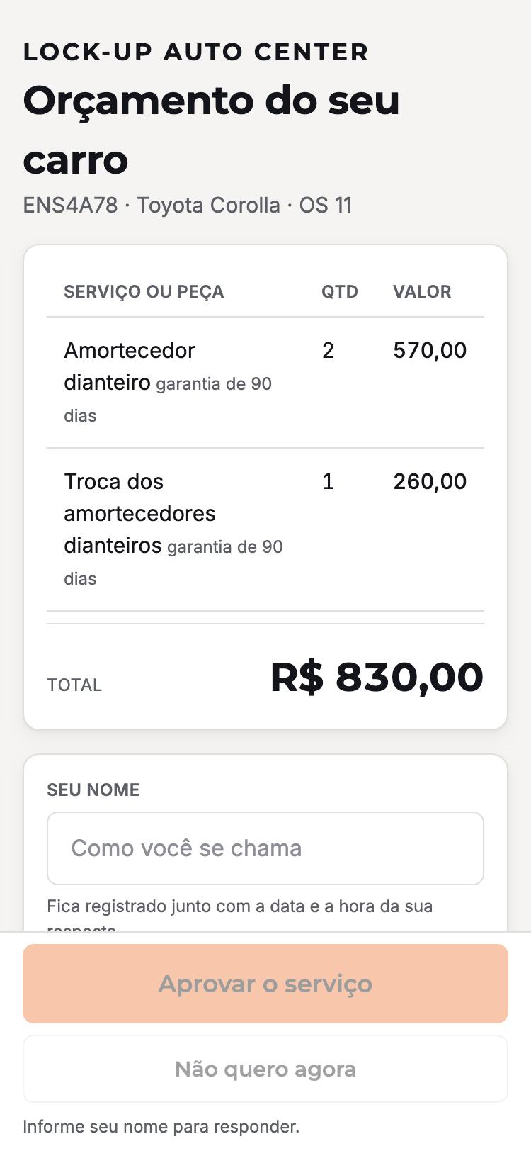 Orçamento aberto no celular do cliente